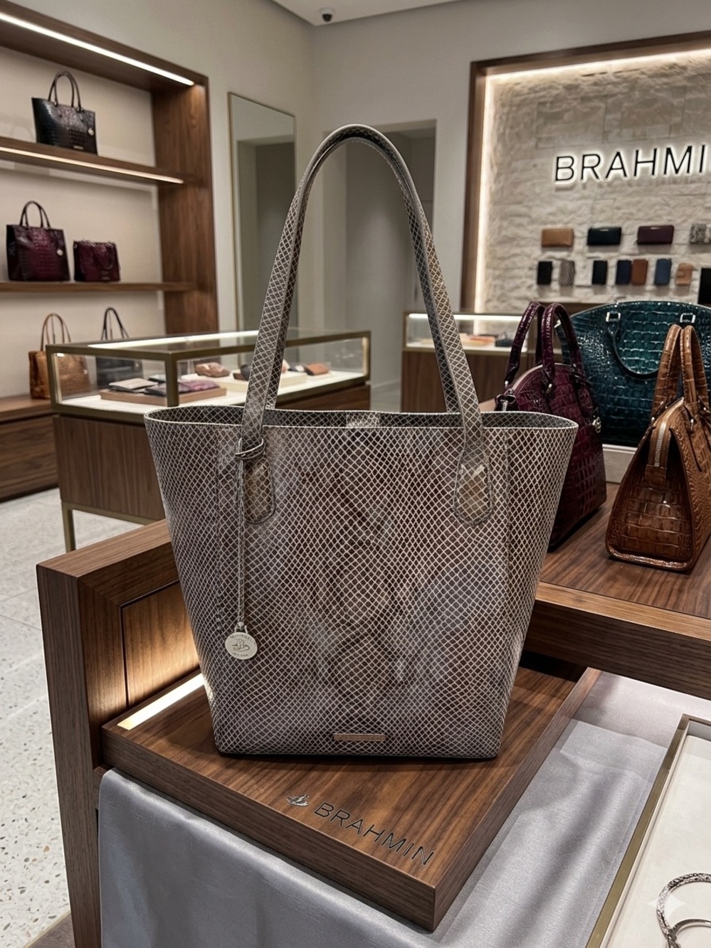 Brahmin Jayden Tan & Grey Assorted Leather Snake-Print Tote NWT